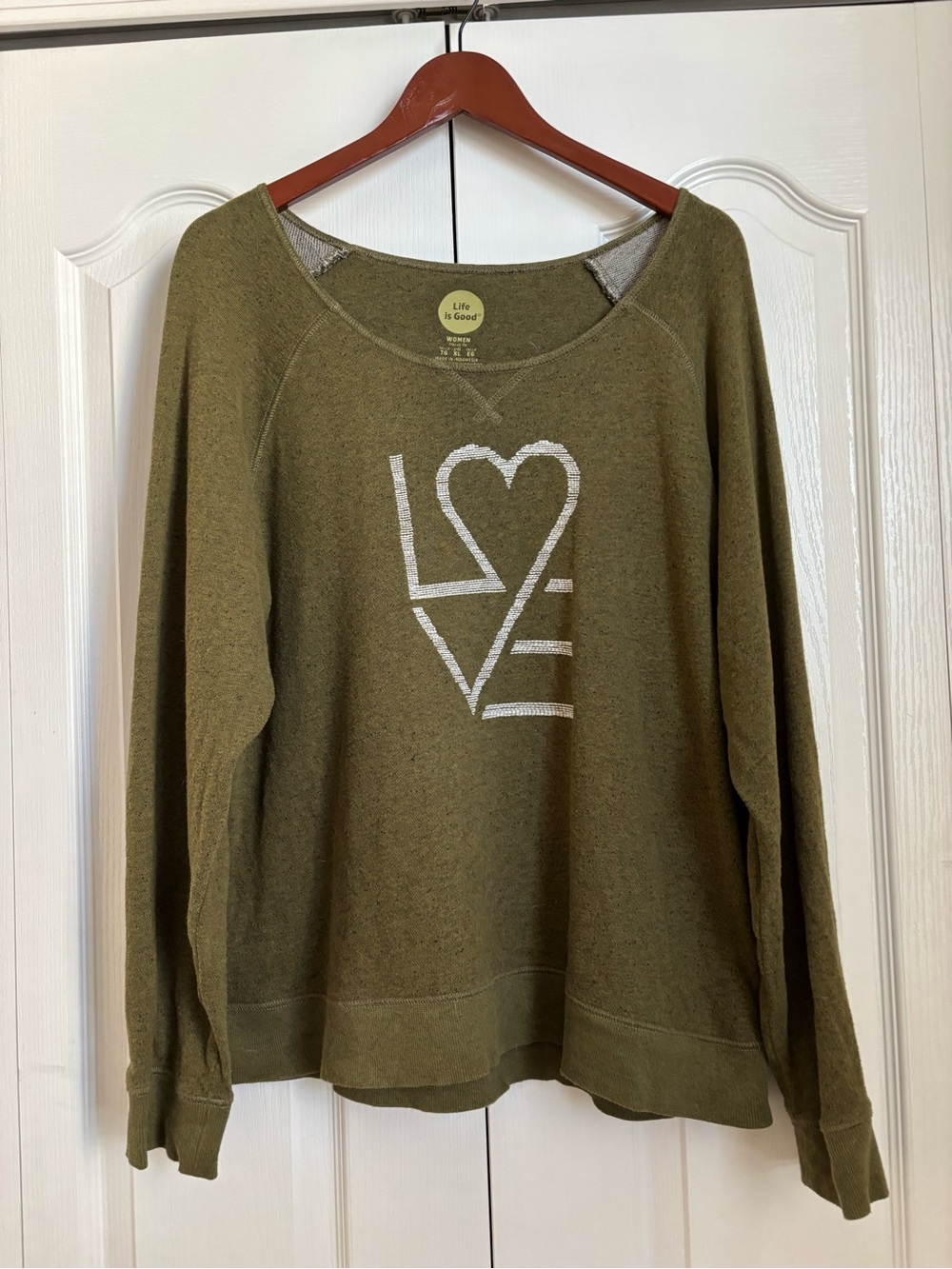 Life Is Good Olive Green 'LOVE' Pullover Sweatshirt XL